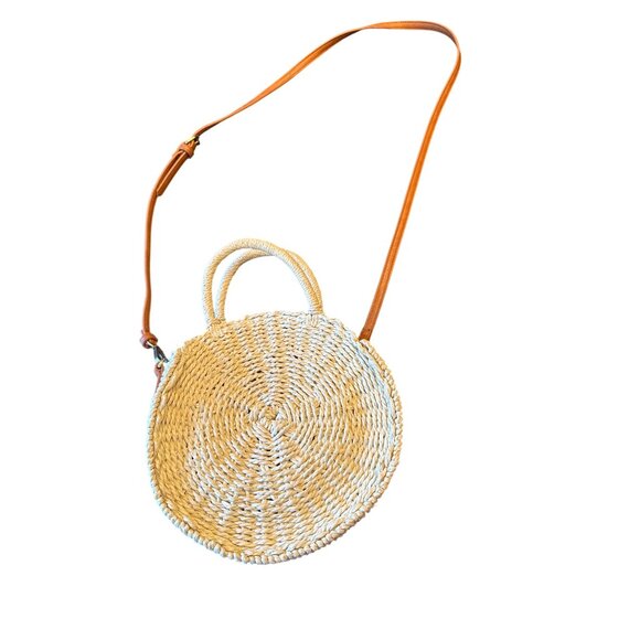 Round Straw Crossbody Bag Tan Leather Strap & Handles Coastal Summer Boho - Picture 4 of 4